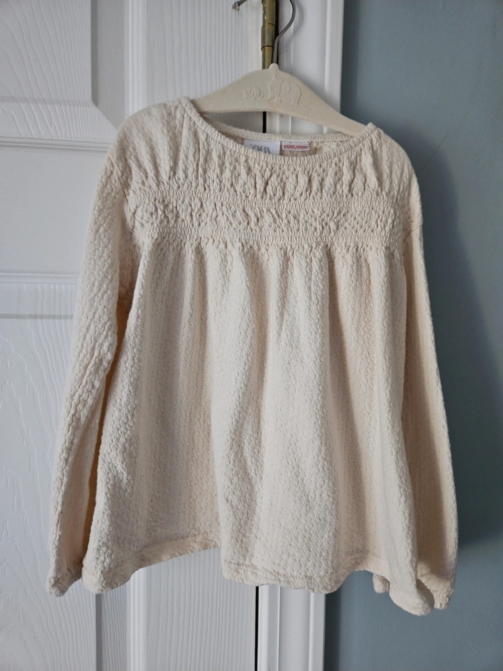 Zara Cream Smocked Knit Long-Sleeve Top